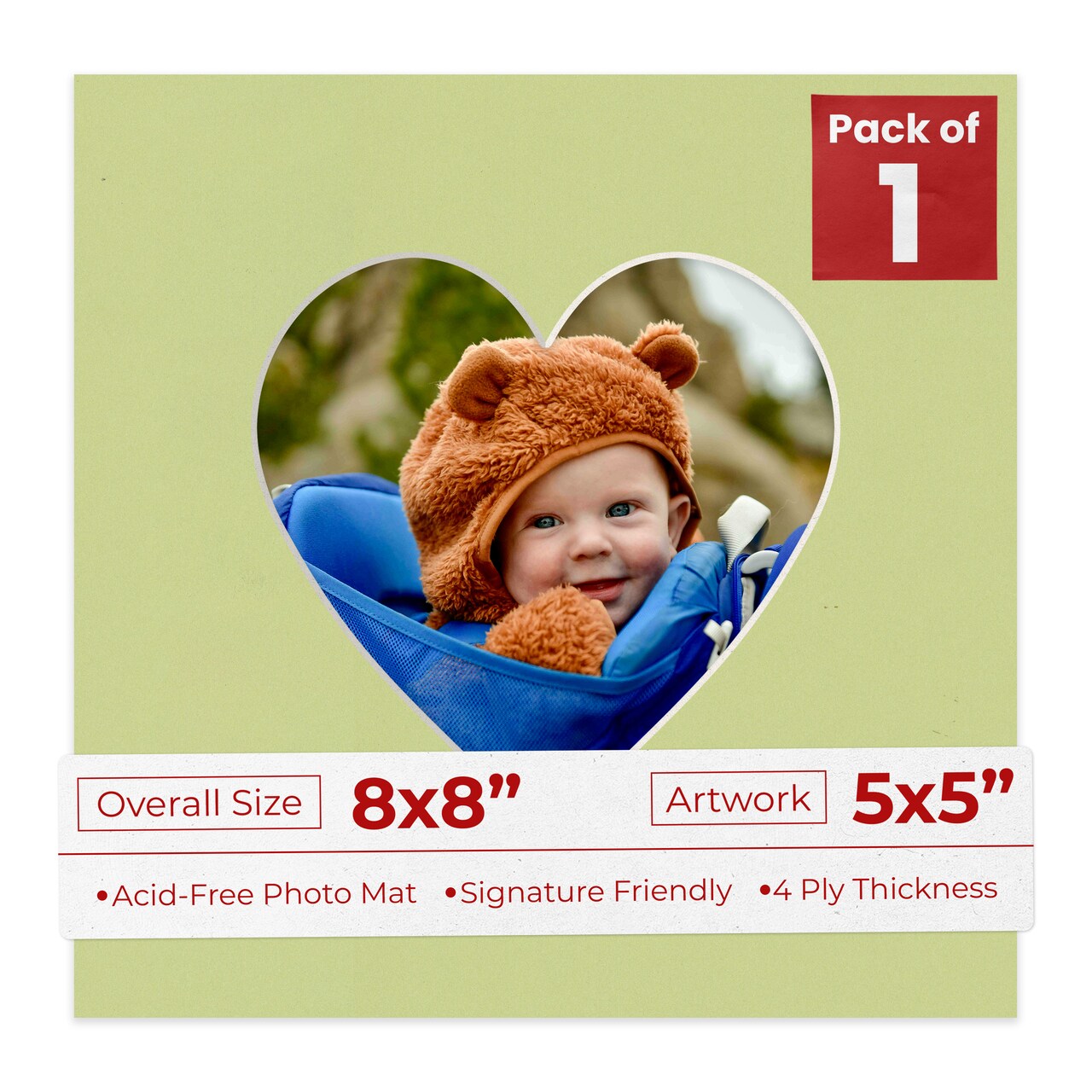 Pistachio Green Mat Board for 8x8 Frames - Heart Opening for 5x5 Photos